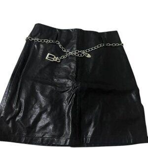 Black leather zip-up dress with chain detail